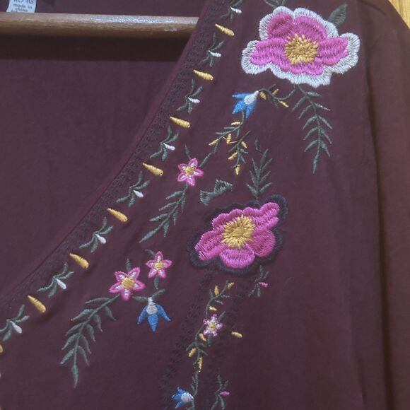 Cupio Blouse Womens XL Burgundy Floral Embroidery Boho Peasant Folk Hippie - Picture 4 of 10